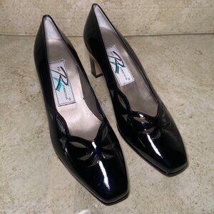 Vintage Womens Black Patent Leather Heels‎ Cutout Design Square Toe & Block Heel